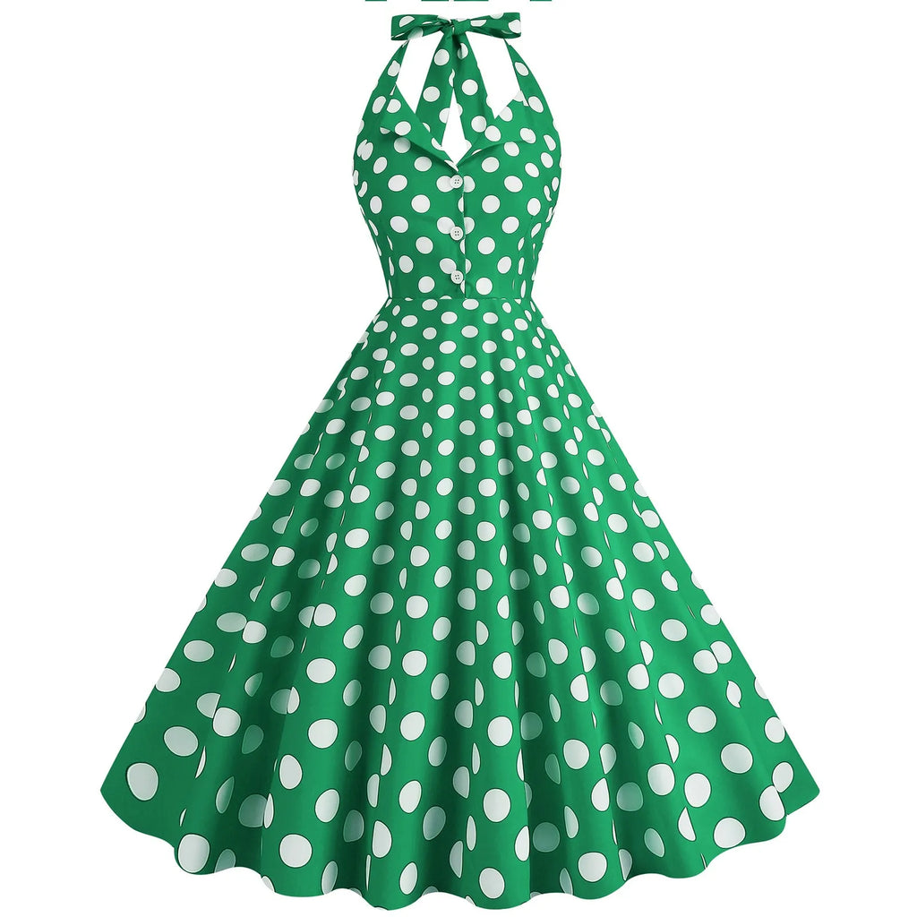 Retro Polka Dot Lace Up Backless Dress With Swing Puff