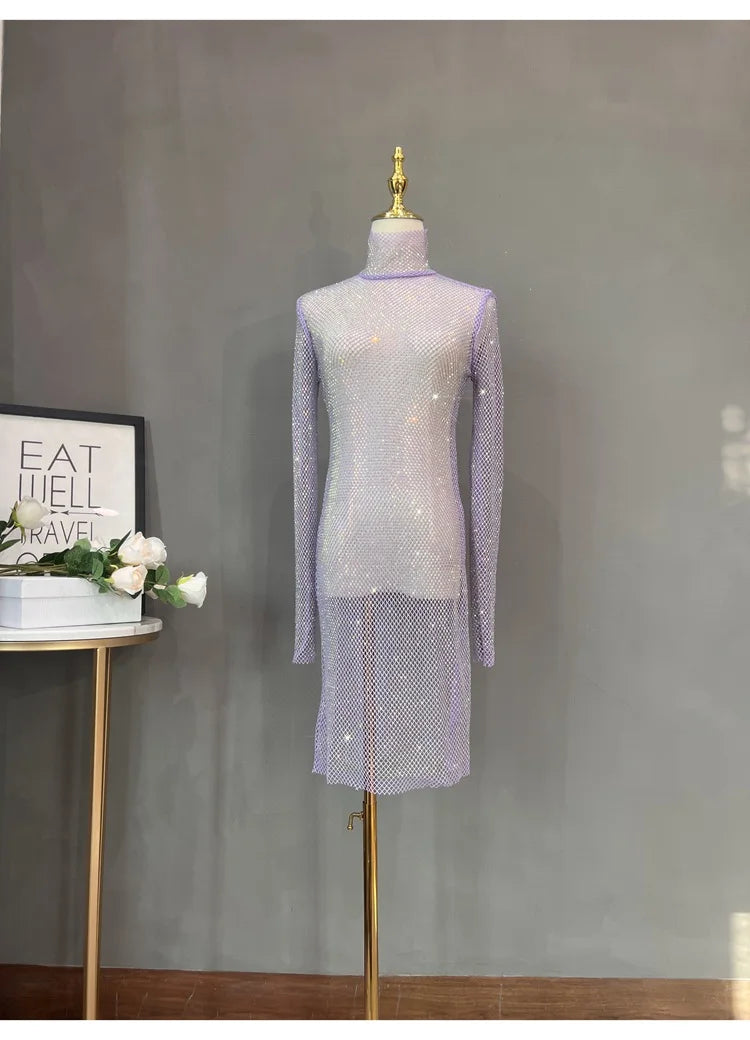 Rhinestone High Neck Glitter Party Dress Mid Length