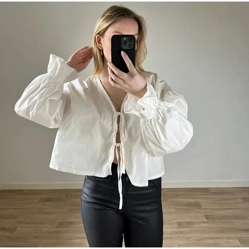 Elegant Solid Lace-Up V-Neck Blouse for Women with Lantern Sleeves and Hollow Out Detail Loose Fit Chic Female Shirt