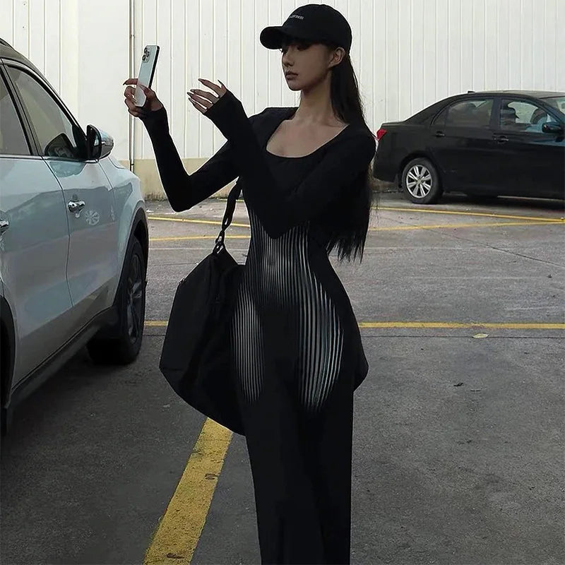 Autumn Square Collar Pullover Dress With Long Sleeves