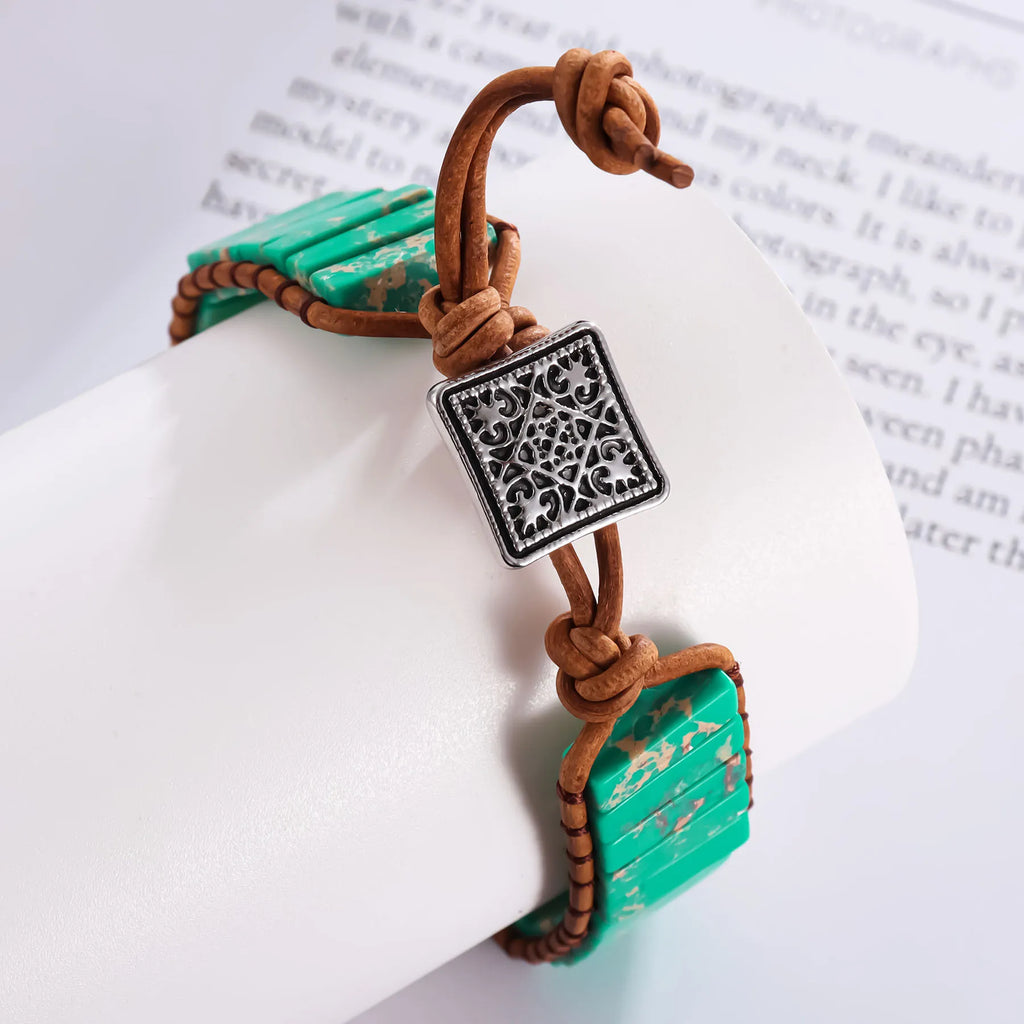 Bohemian Multicolor Chakra Healing Bracelet with Rectangular Stones and Leather Rope Woven Design