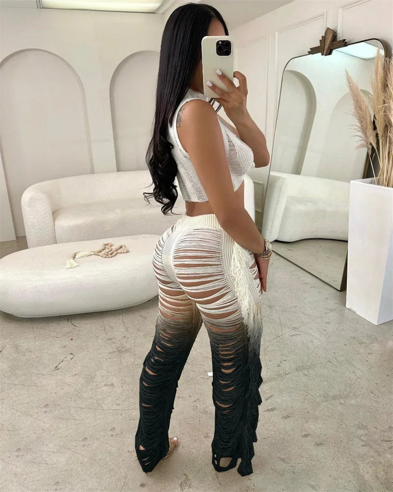 Gradient Color Crochet Two Piece Set for Women Summer Beach Vacation Outfit with Crop Top and Wide Leg Pants