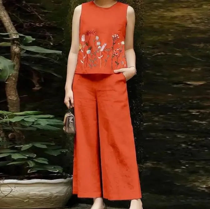 Women's Cotton and Hemp Two Piece Set Loose Elegant Sleeveless Commuter Outfit with Embroidery