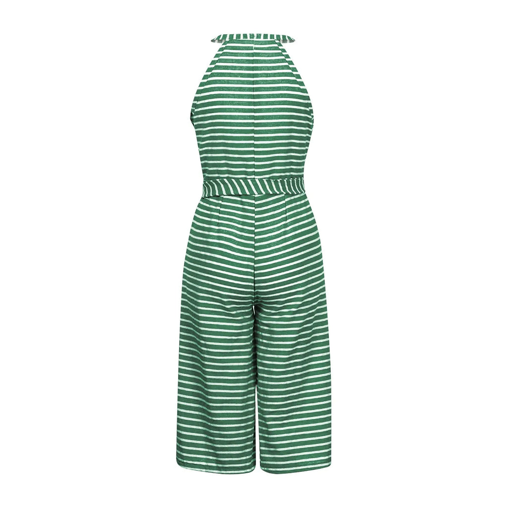 Elegant Sleeveless Striped Jumpsuit for Women Wide Leg Belted Romper Loose Fit Overalls Trousers