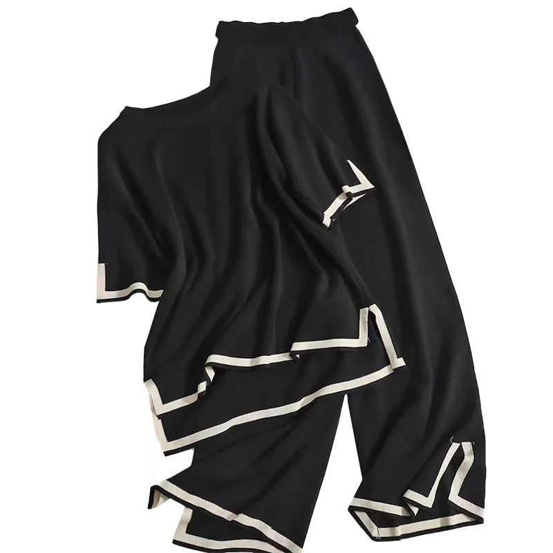 Spring Women Knitted Sweater Set Casual Pullover and Pant Outfit with Color Contrast Block Design