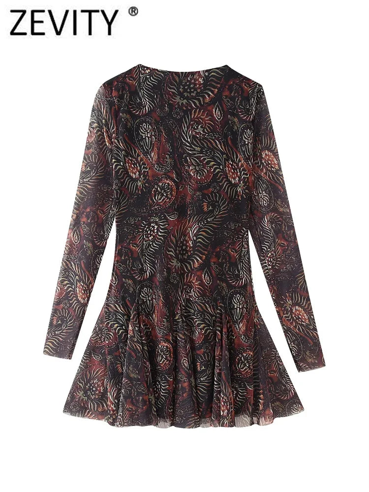 Paisley Floral Mesh Mini Dress With Long Sleeves Pleats