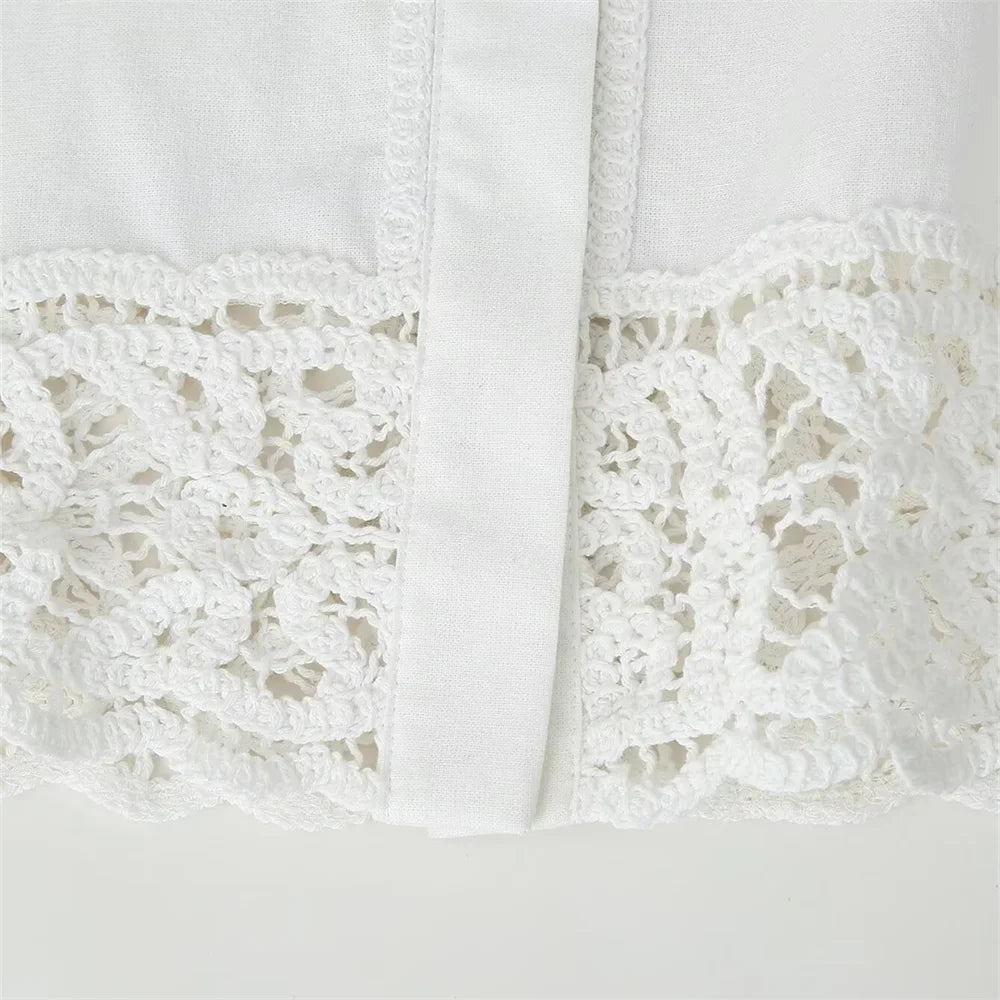 Versatile Women's Crochet Long Sleeve Lapel Shirt and Straight Leg Casual Pants Fashion Set