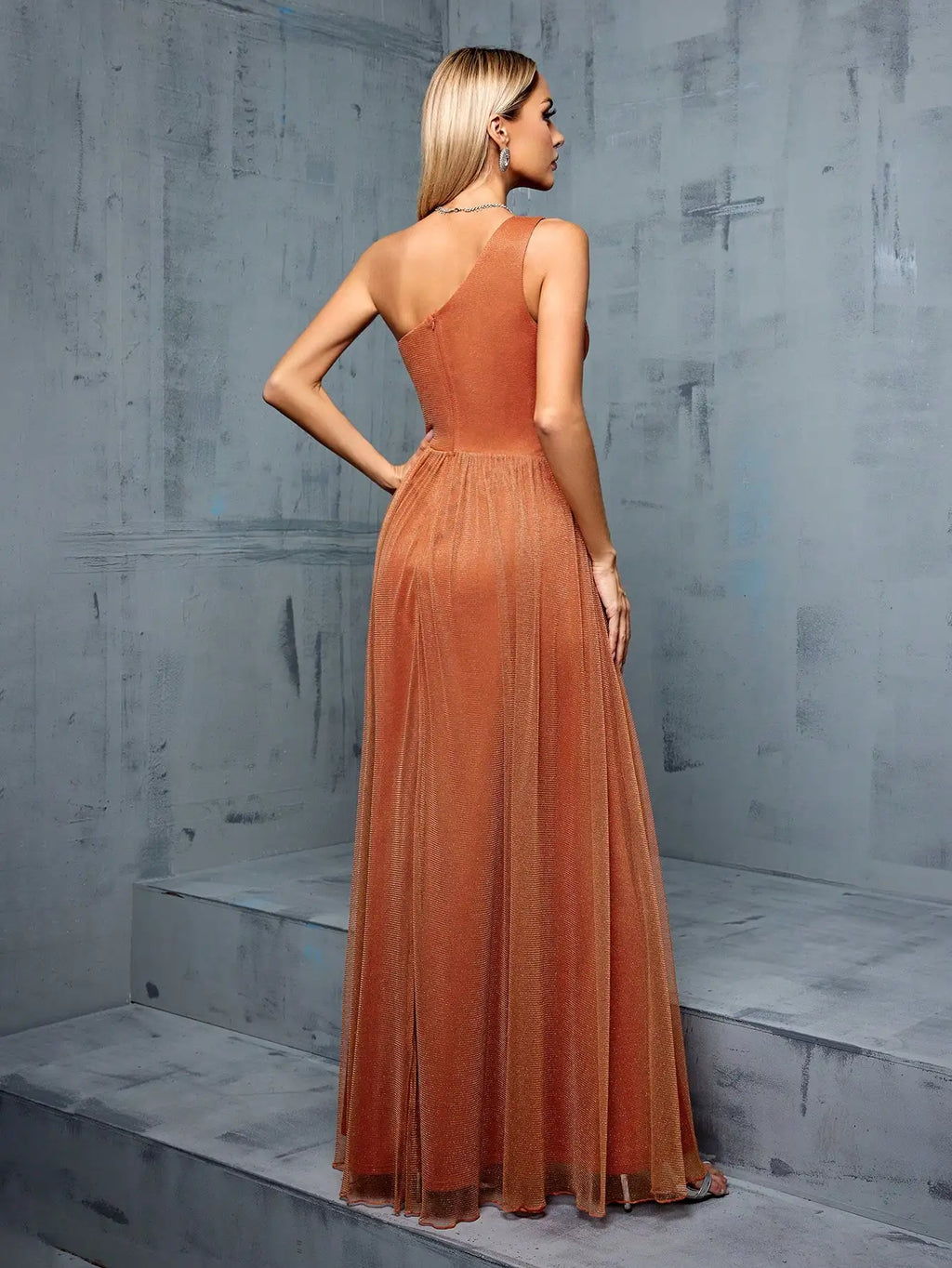 One Shoulder Asymmetrical Evening Gown With Pleats And Slit