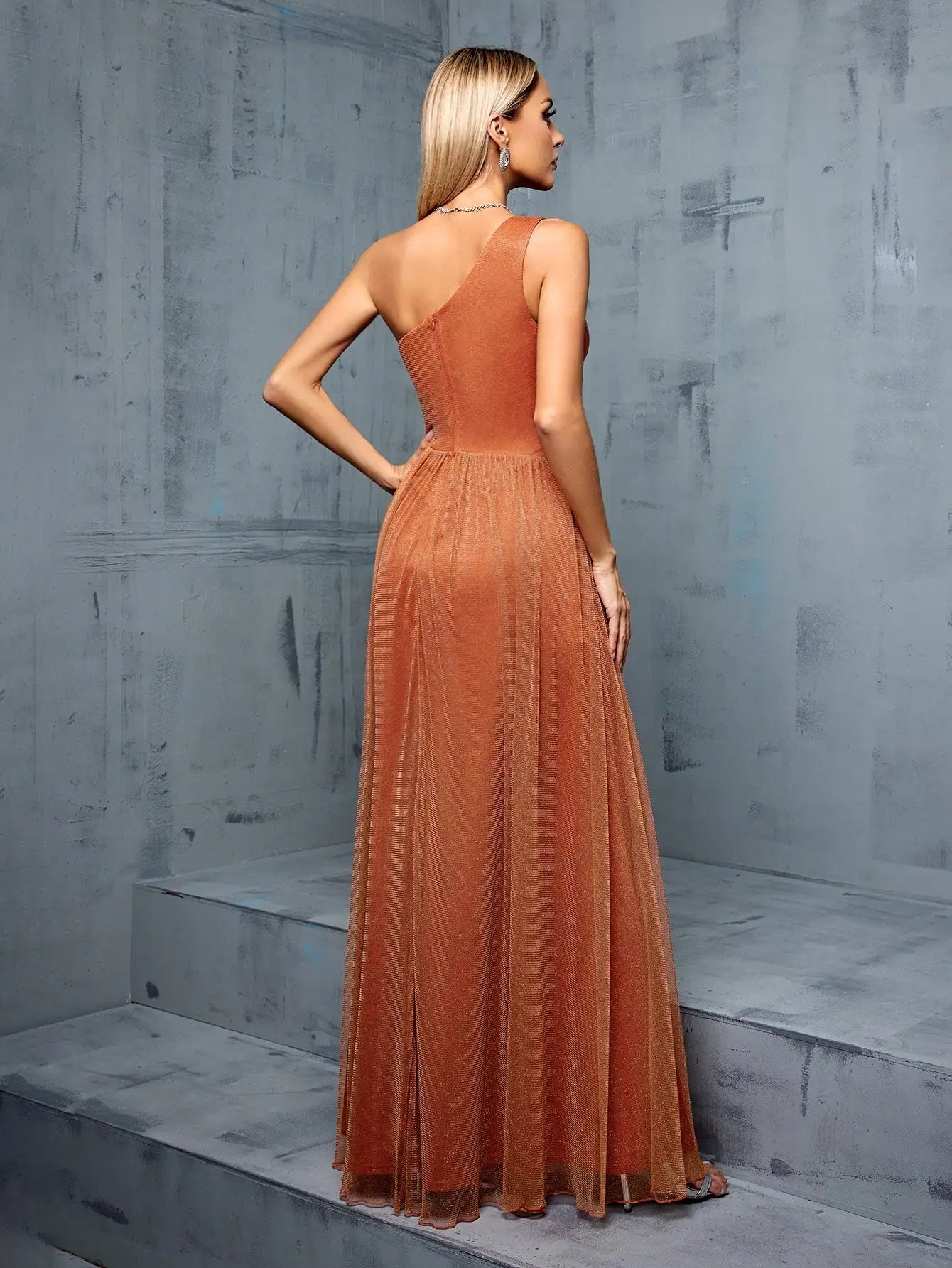 One Shoulder Asymmetrical Evening Gown With Pleats And Slit