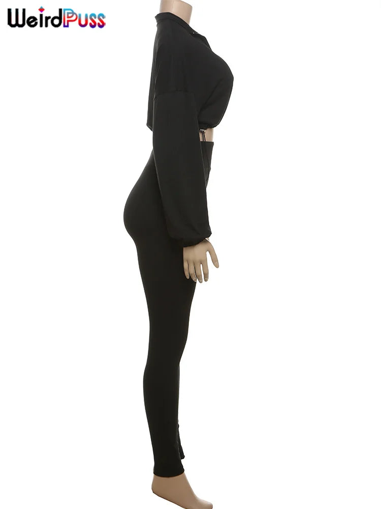 Weird Puss Tracksuit Women 2 Piece Set Casual Zip Thin Drawstring Crop Jacket and Leggings Matching Sporty Suit