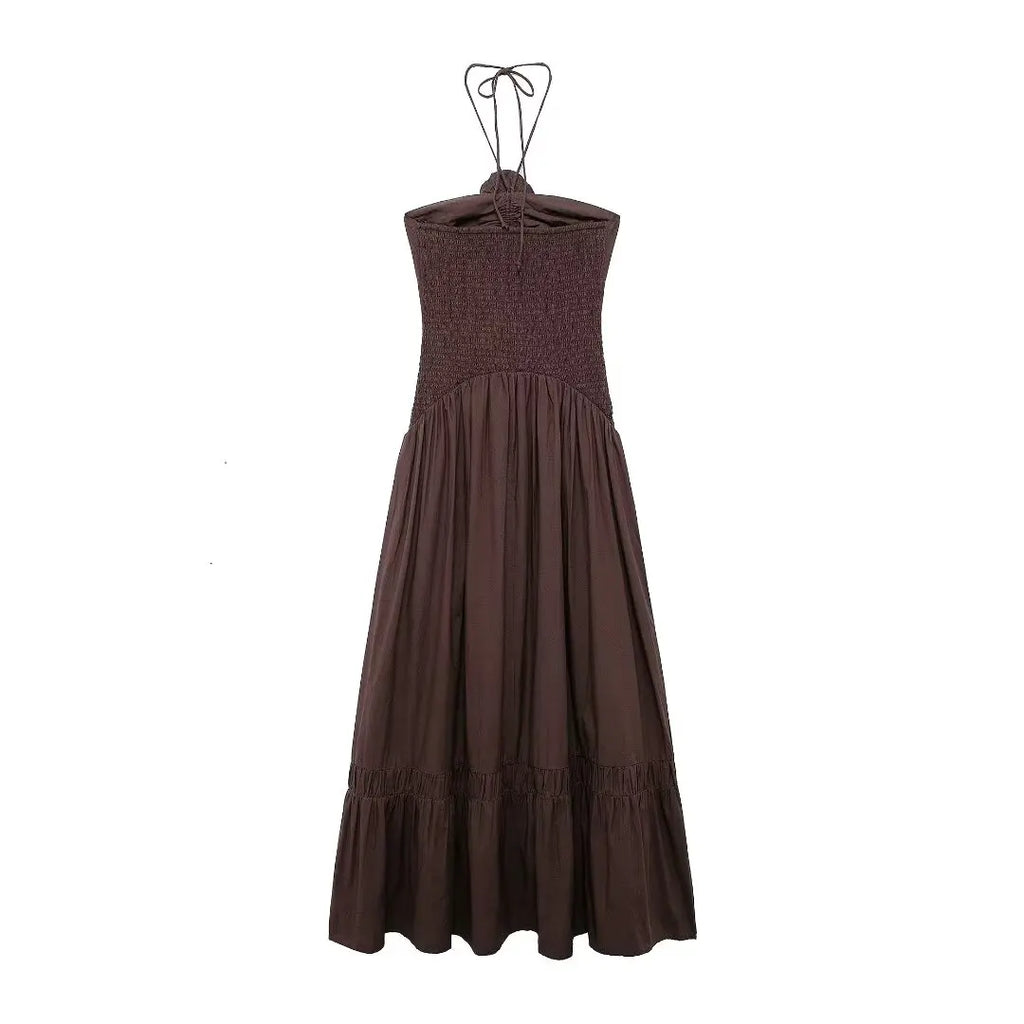 Brown Backless Halter Dress With Floral Embellishment