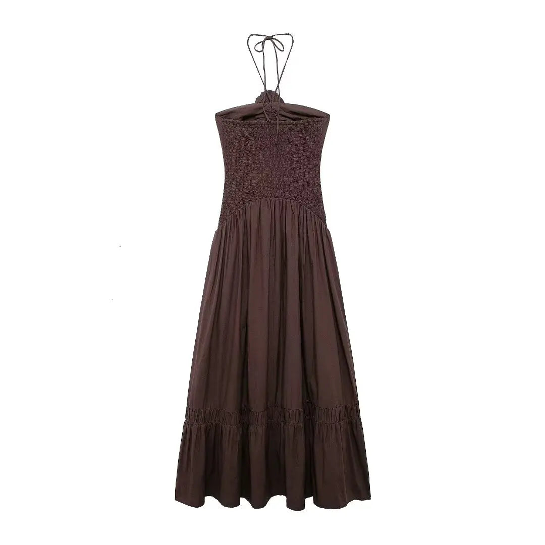 Brown Backless Halter Dress With Floral Embellishment