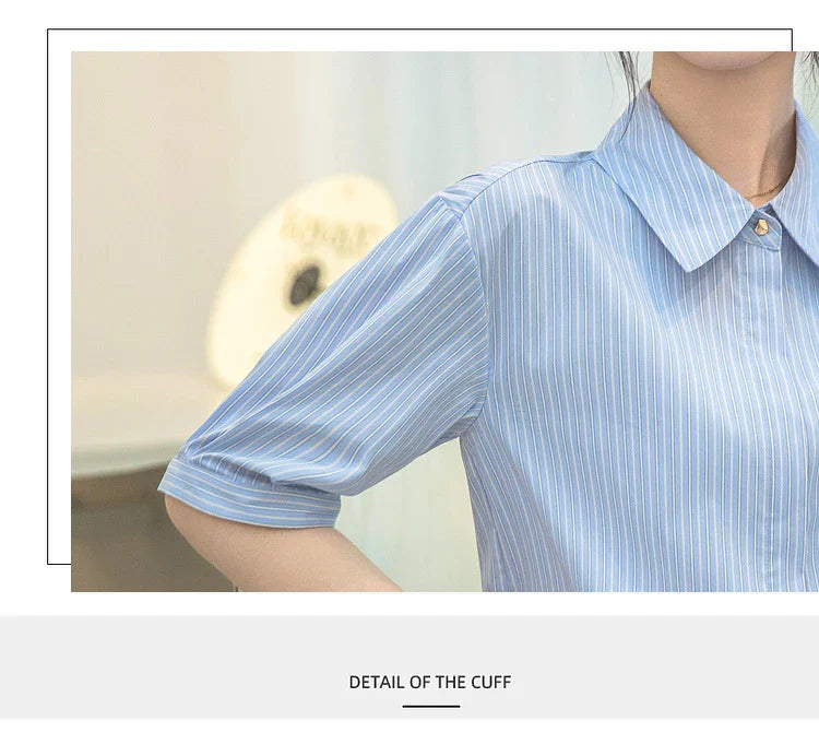Women Casual Blue Stripe Short Sleeve Polo Collar Shirt Elegant Loose Office Blouse Single Breasted Summer Chic Top