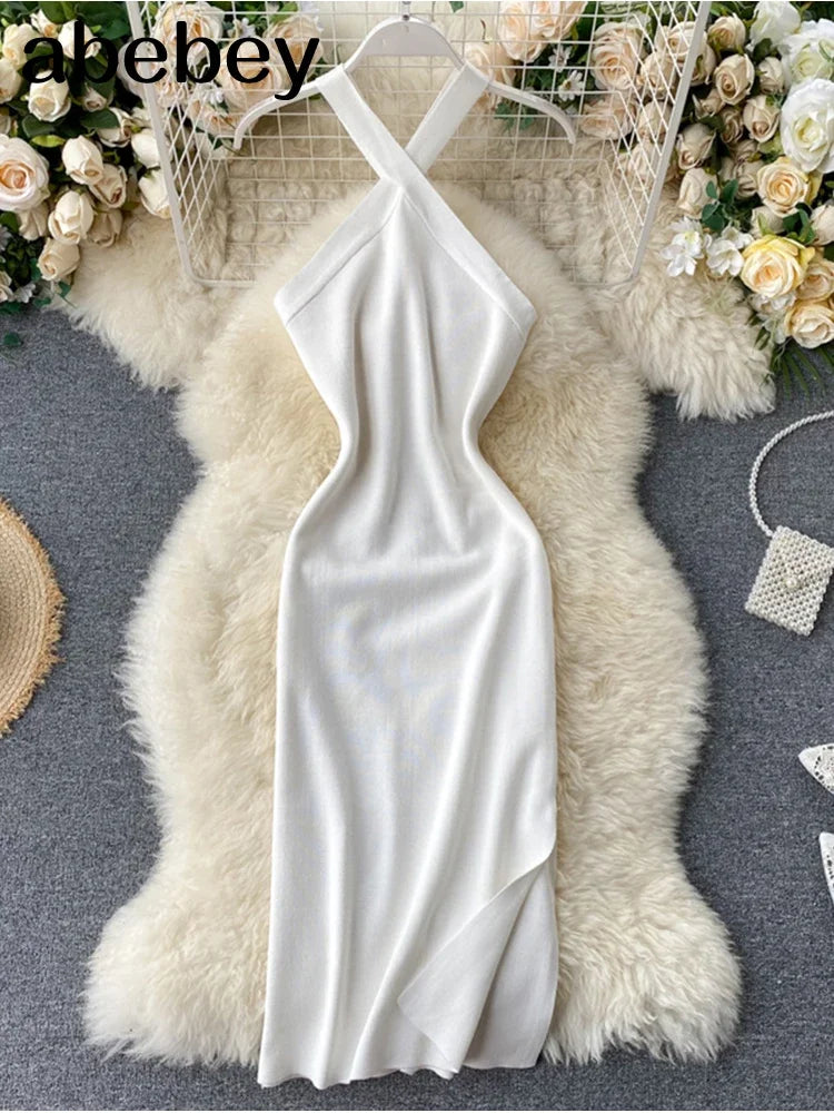 Elegant Solid Backless V Neck Knit Bodycon Dress For Women