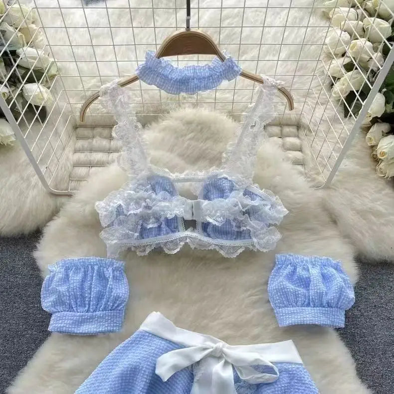 Sexy Maidservant Apron Dress Three Piece Set Lace Trimmed Plaid Cosplay Lingerie Nightwear for Women