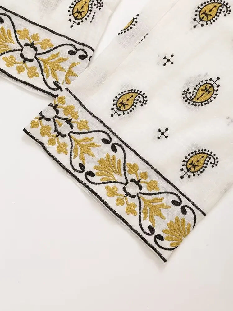 Vintage Women Embroidered Cardigan Coat and Wide Leg Trousers 2 Piece Outfit Set