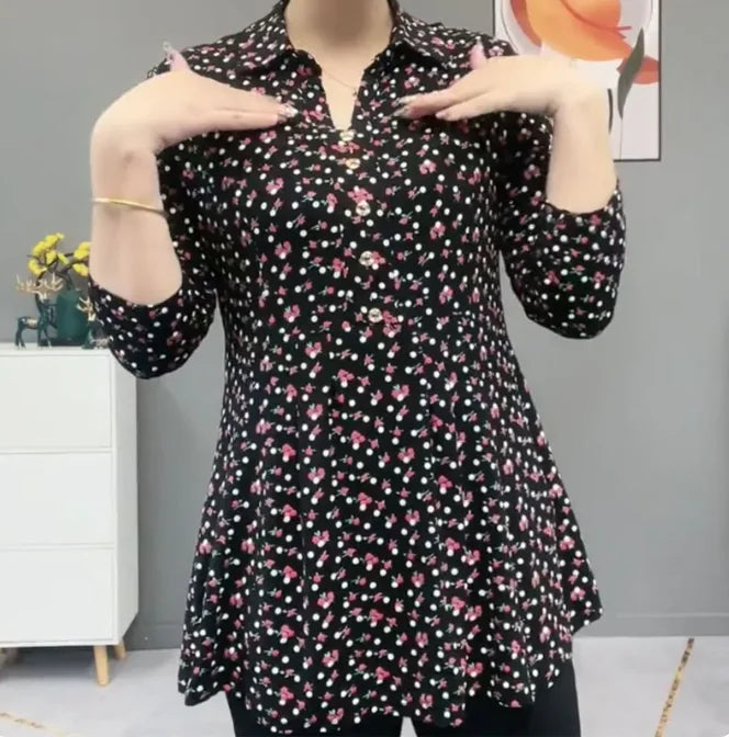 Elegant Autumn Polo Neck Floral Blouse for Women Thin Long Sleeve Vintage Printed Shirt with Button Detail