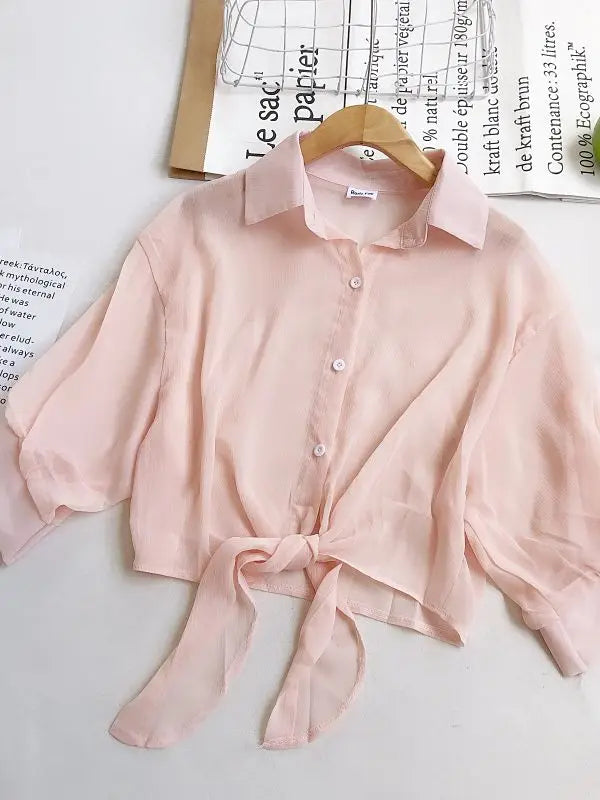 Women Buttoned Up Chiffon Blouse Tied Waist Crop Top Office Lady Shirt Thin and Lightweight