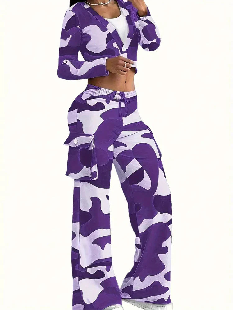 Camo Print Cargo Pants Set with Sexy Crop Top and High Waist Wide Leg Trousers for Women
