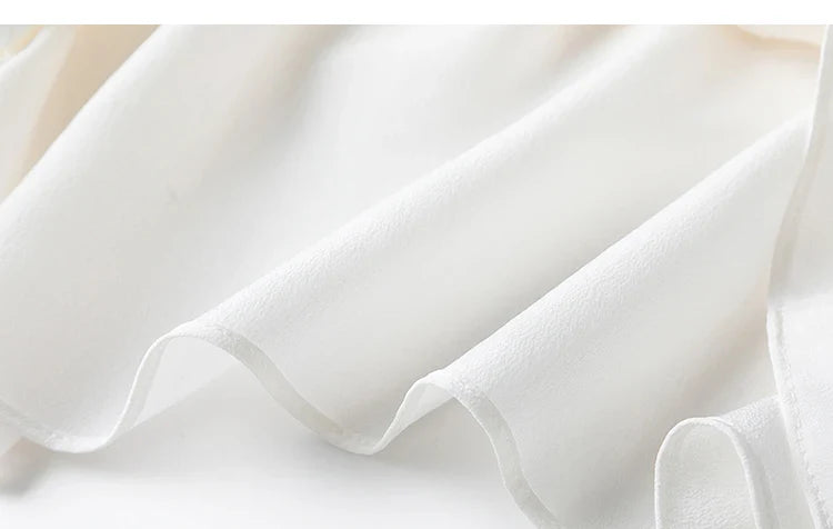 Women 100 Percent Mulberry Crepe Silk White Blouse Lantern Sleeves Bow-Tie Hem Loose Fit Office Top