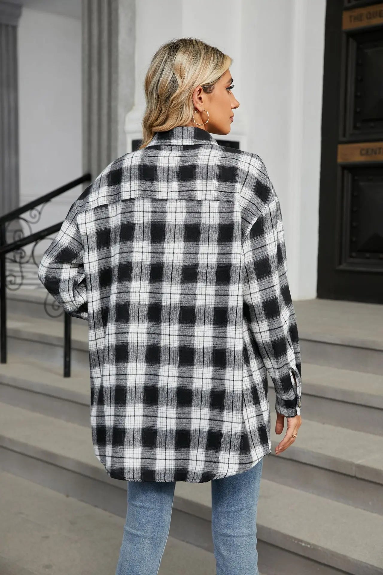 Women's Casual Plaid Button Up Blouse Long Sleeve Turn Down Collar Shacket Plus Size Loose Fit Streetwear Top