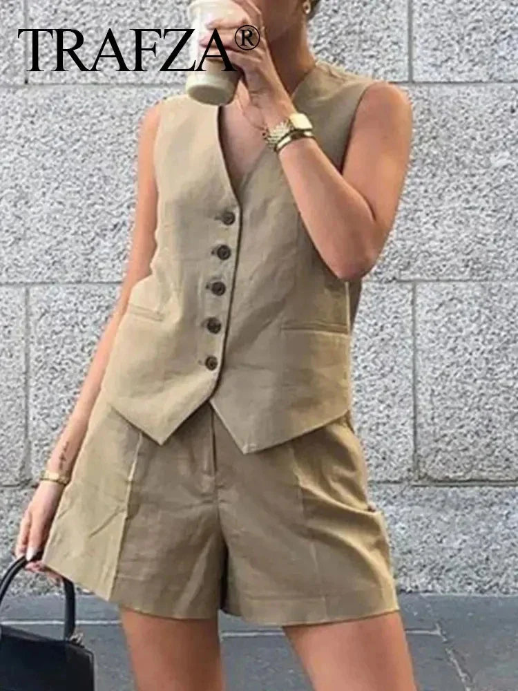 Casual Linen Sleeveless V-Neck Vest for Women Single Breasted Office Fashion Lightweight Linen Top