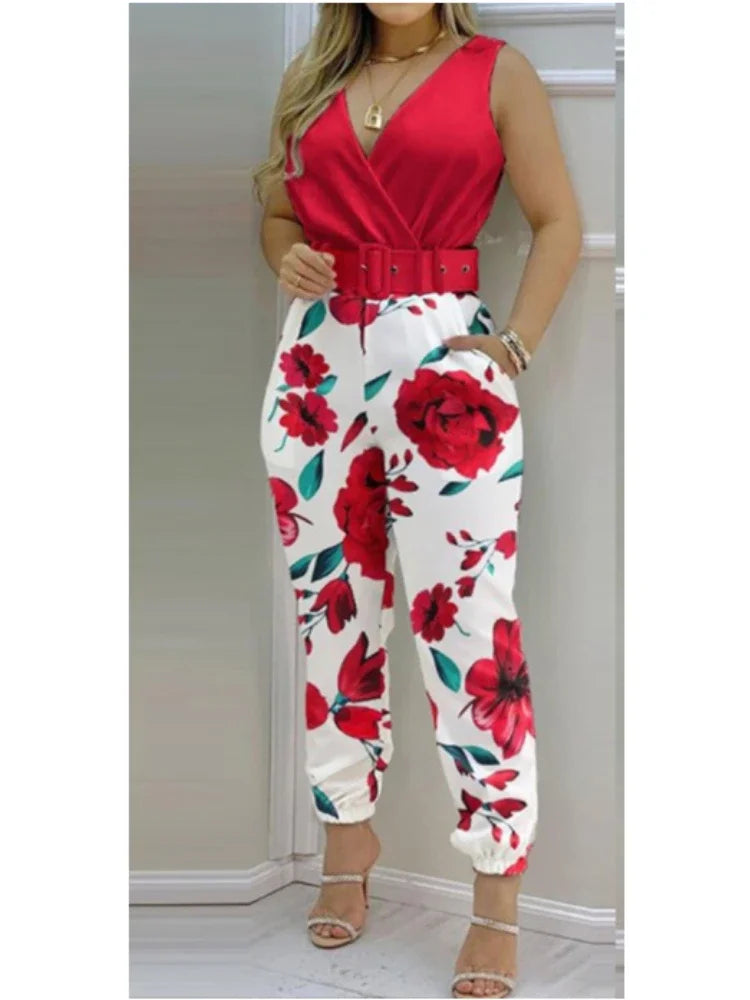 Summer V-Neck Backless Printed High Waist Jumpsuit for Women Sexy Bodysuit Overalls Streetwear Elegant Fit