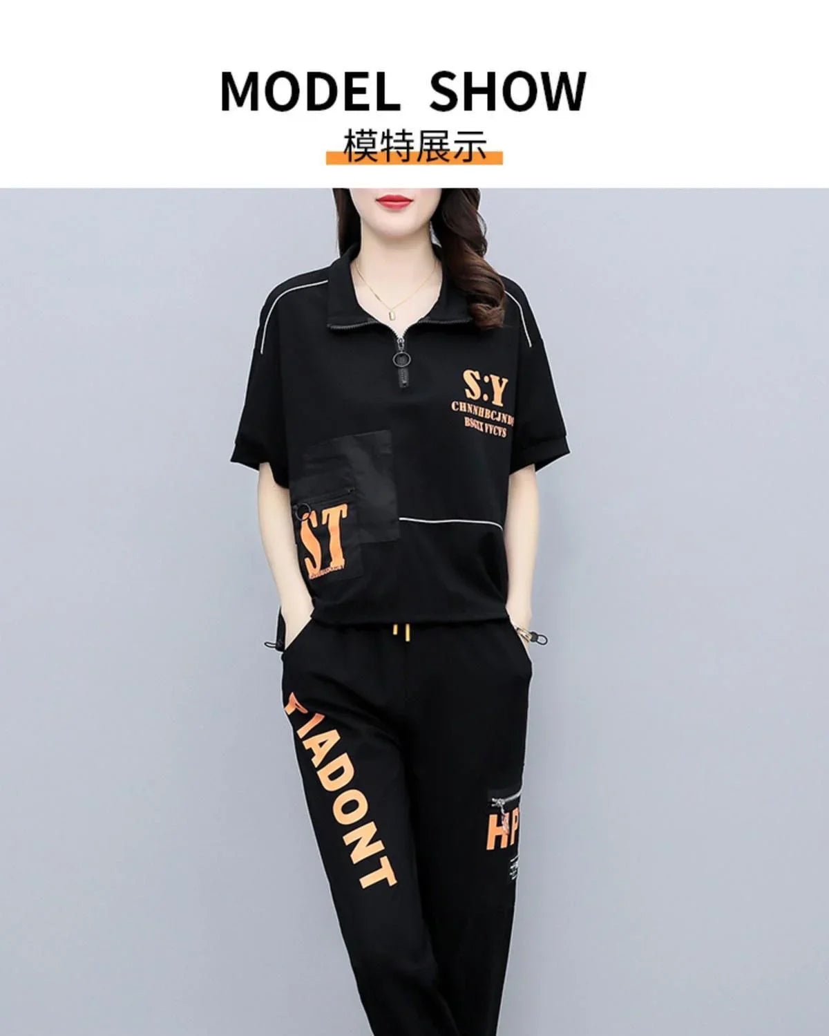 Women's Summer Korean Style Sports Suit Loose Short Sleeve Top and Pencil Pants Two Piece Set