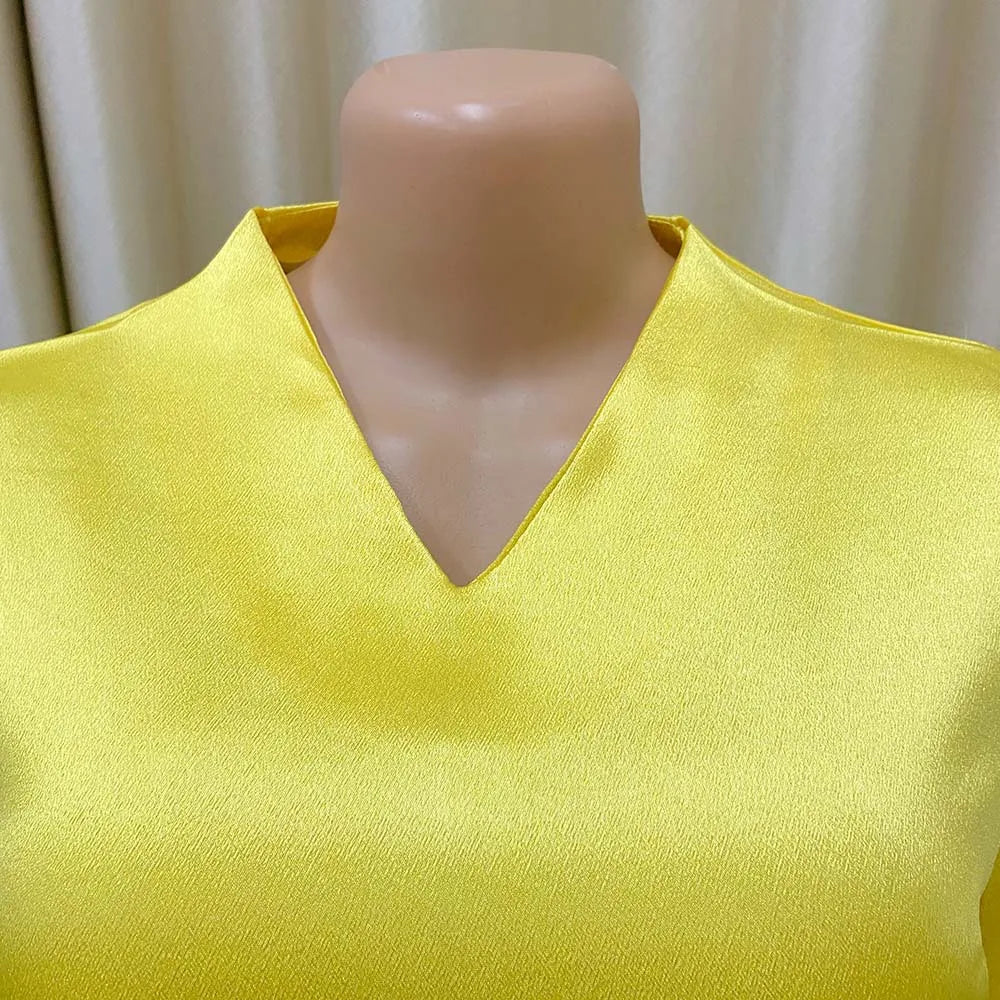 Elegant Satin V Neck Office Blouse for Women Full Sleeve Front Split Luxury Party and Dinner Shirt