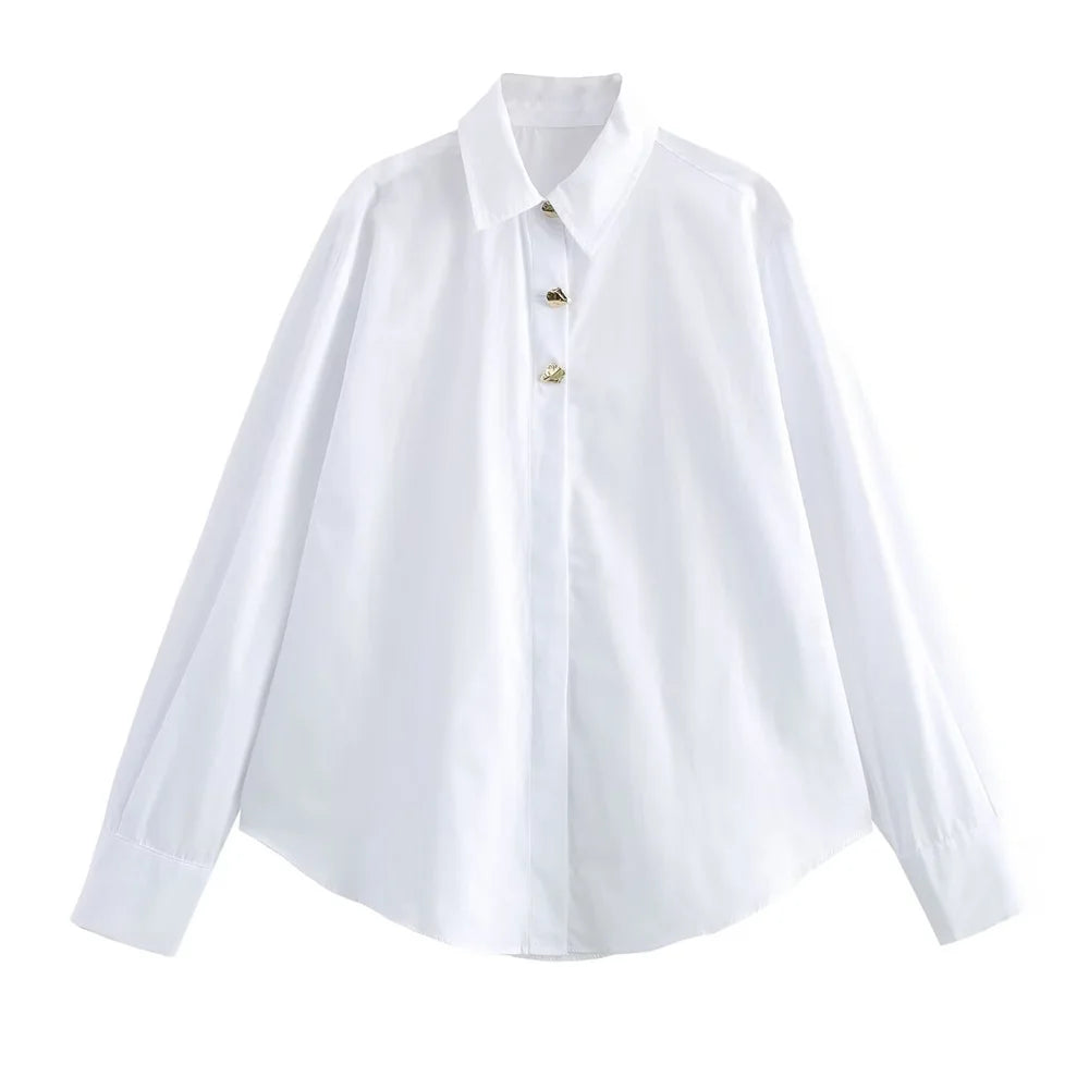 Women's Casual Long Sleeve Shirt Loose Fit Button Detail Poplin Collar Versatile Simple Everyday Style