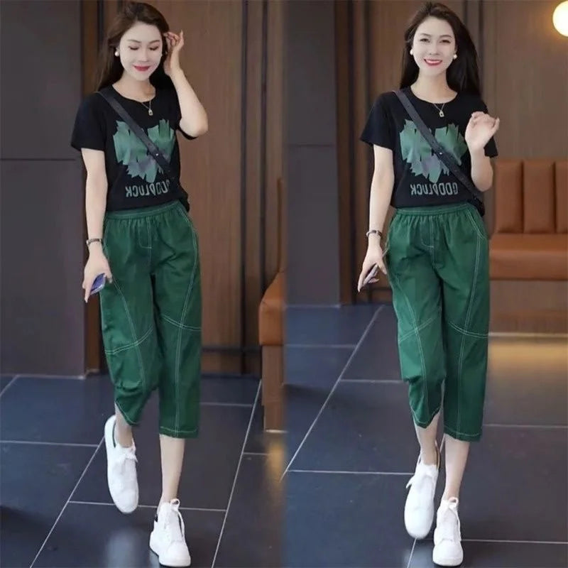 Women's Casual Summer Two Piece Set with Short Sleeve T-Shirt and Calf-Length Pants