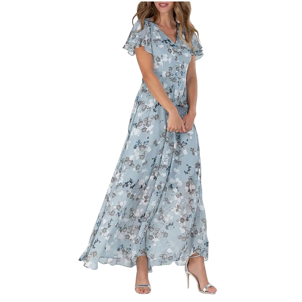 V Neck Floral Chiffon Maxi Dress With Ruffle Short Sleeves