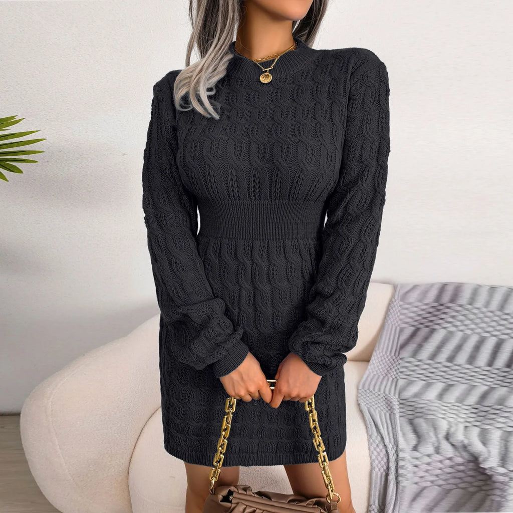 Autumn Winter Womens Round Neck High Waist Sweater Dress