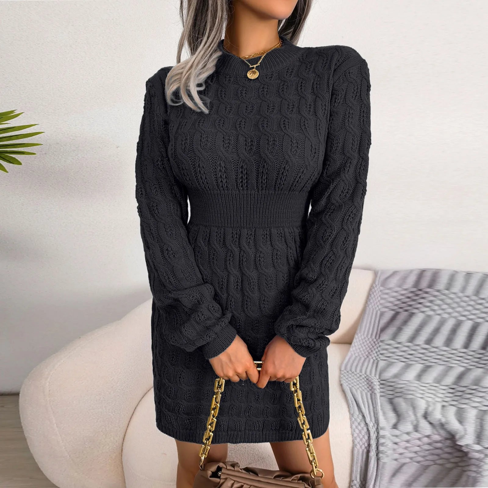 Autumn Winter Womens Round Neck High Waist Sweater Dress