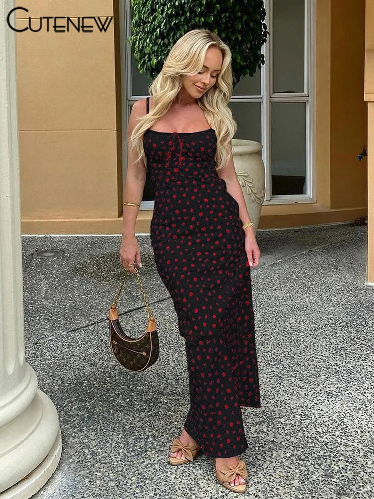 Rose Print Maxi Dress for Women Summer Bodycon Style