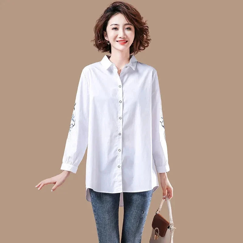 Vintage Embroidered White Cotton Button Up Shirt Comfortable Casual Long Sleeve Loose Fit Blouse for Women