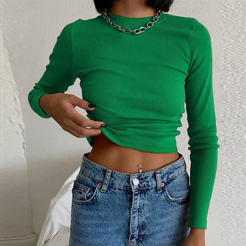 Ribbed Neck Green Cropped Long Sleeve T Shirt for Women - Slim Fit Mesh Top for Spring