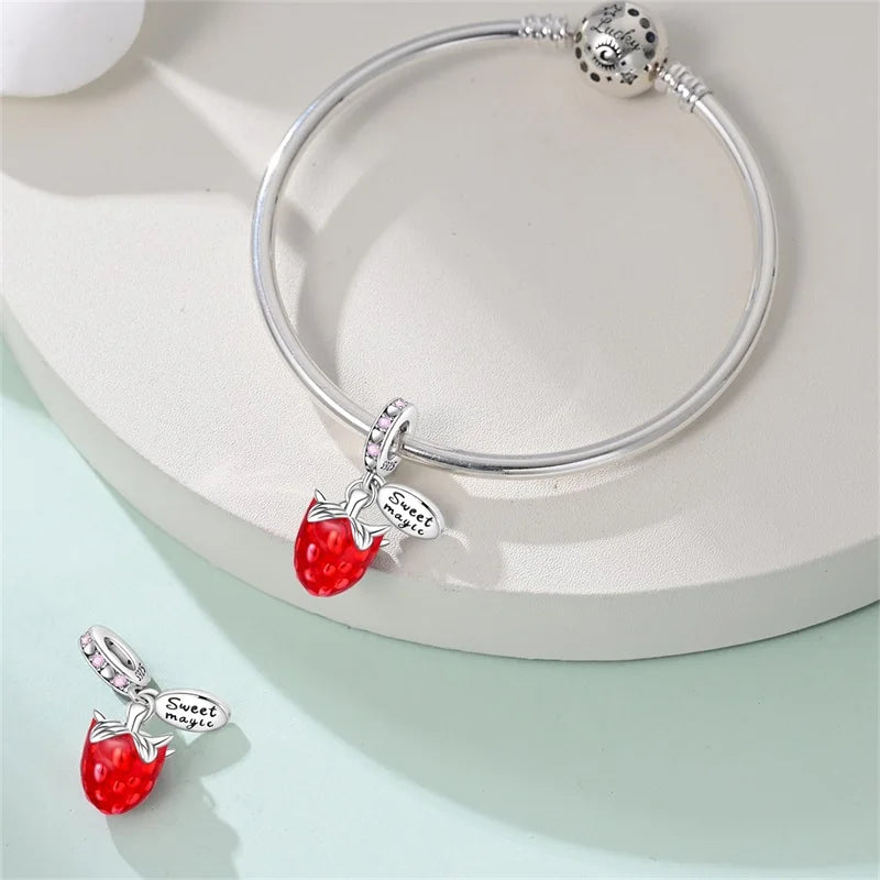 925 Silver Red Charms Beads for DIY Jewelry Bracelets Featuring Strawberry Ladybird and Lipstick Design