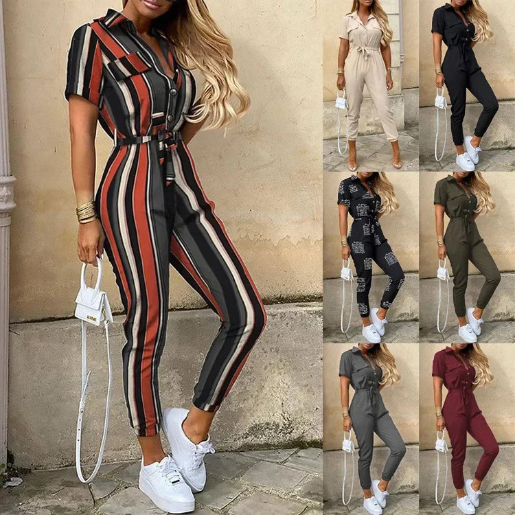 Casual Chic Overalls for Women Lapel Lace-Up Print Belted Work Jumpsuit One-Piece Bodysuit Elegant Long Sleeve Jumpsuit with Stylish Fit