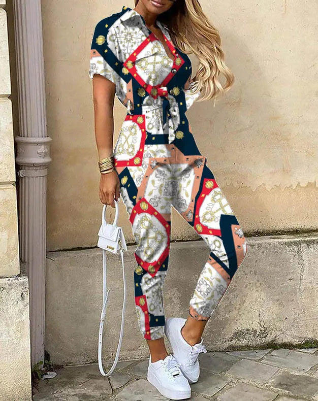 Summer Casual Women's Jumpsuit with Lapel Collar Printed Waistband and Stylish Buckle Detail