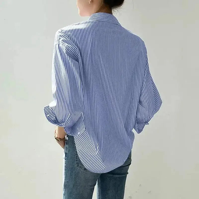 Women Casual Long Sleeve Blouse Blue Striped Turn-Down Collar Lightweight Shirt for Spring and Summer
