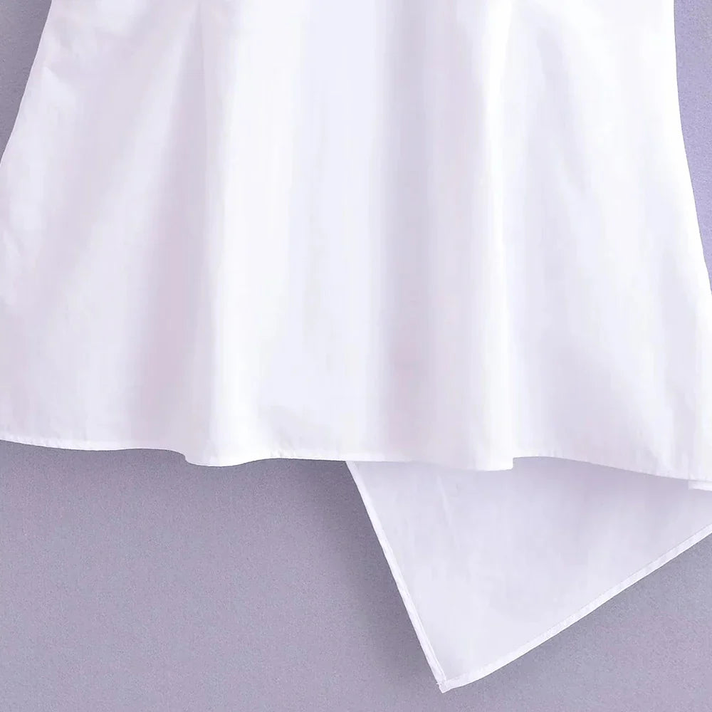 Asymmetric Poplin Shirt for Women with Front Knot Ties Short Sleeve Button-Up Chic Blouse Top