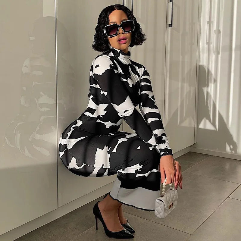 Cow Print Maxi Dress Long Sleeve Turtleneck Bodycon Party