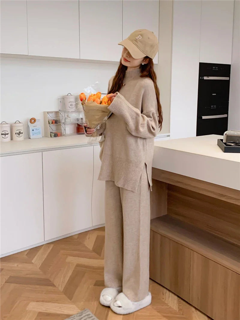 Cozy Split Knit Sweater and Casual Pants Two-Piece Set for Women Soft Solid Color Autumn Winter Outfit