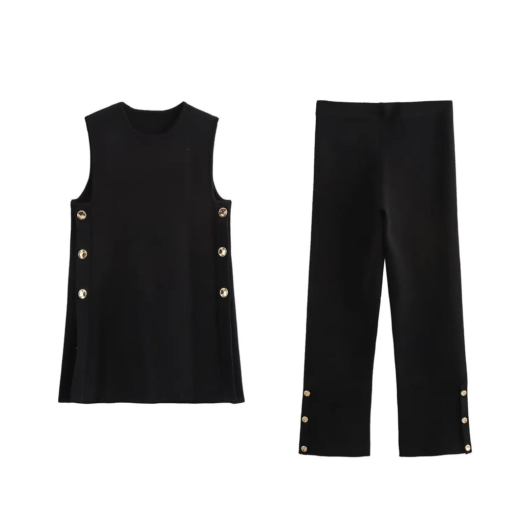 Fashionable Western Style Two-Piece Set With Sleeveless Dress, Vest Skirt, And Long Pants For Women