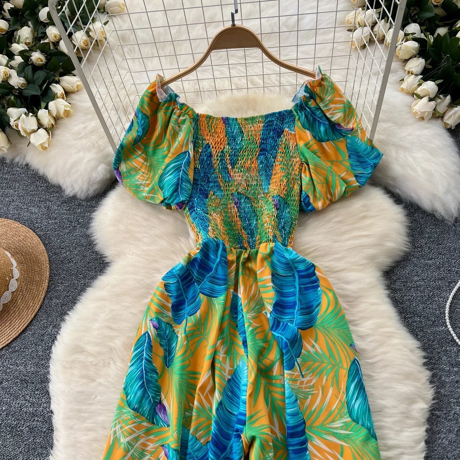 Square Neck Loose Pleated Jumpsuit with Ruffles Backless Design Wide Leg Long Pants Elegant Chic Printed Playsuit for Women