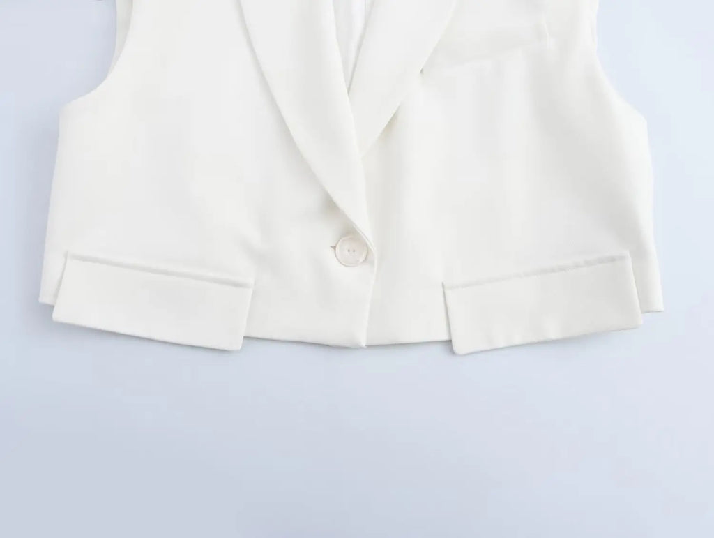 Women Chic Cropped Vest Pants Suit with Lapel and Single Button High-Waist Zip Straight-Leg Trousers Set