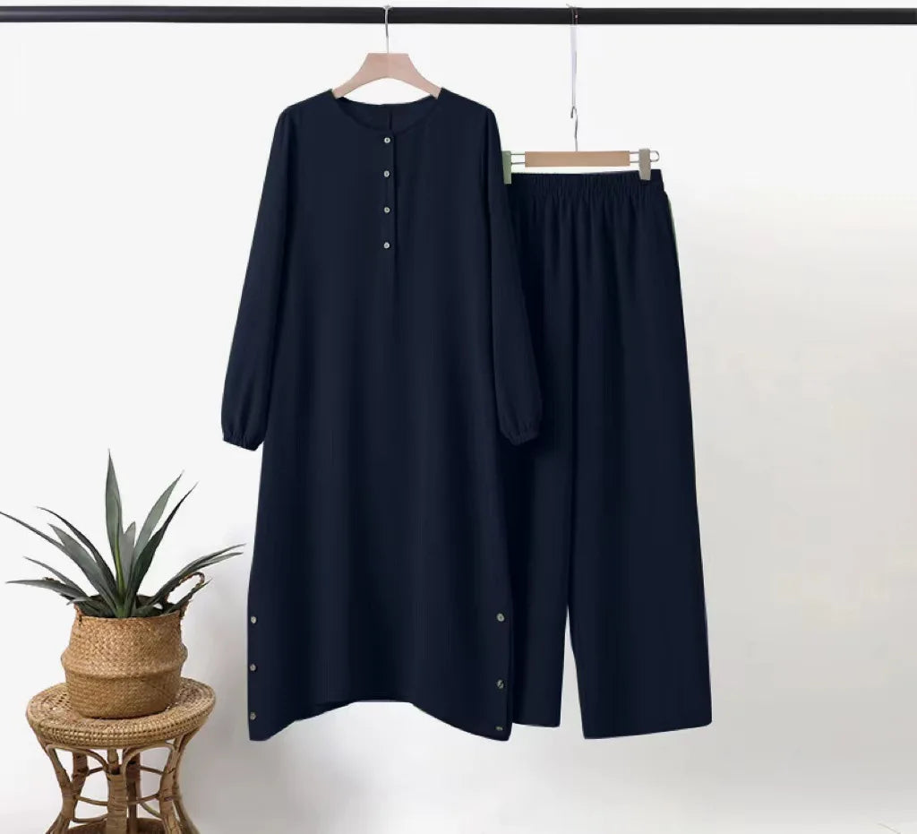 Women's Elegant Two Piece Muslim Abaya Set with Irregular Long Shirt and Wide Leg Pants
