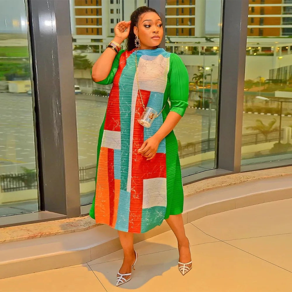 Leaf Print Pleated Boho Maxi Dress for Women Casual Beach