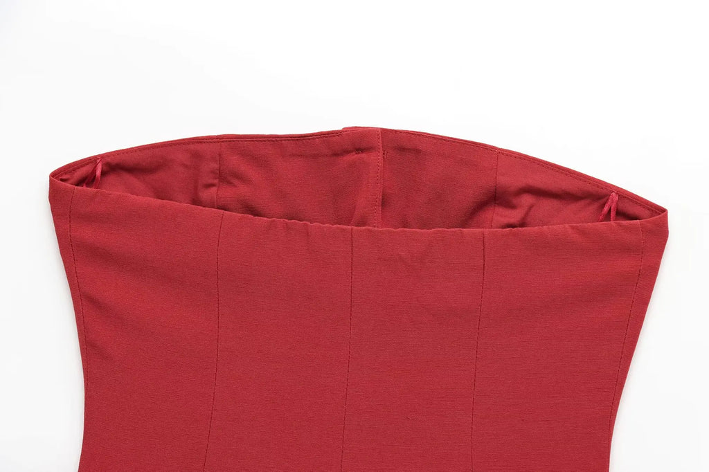 Elegant Red Women Pant Suit with Front Button Strapless Tank Top and Wide Leg Trousers Chic Fashion Streetwear Set